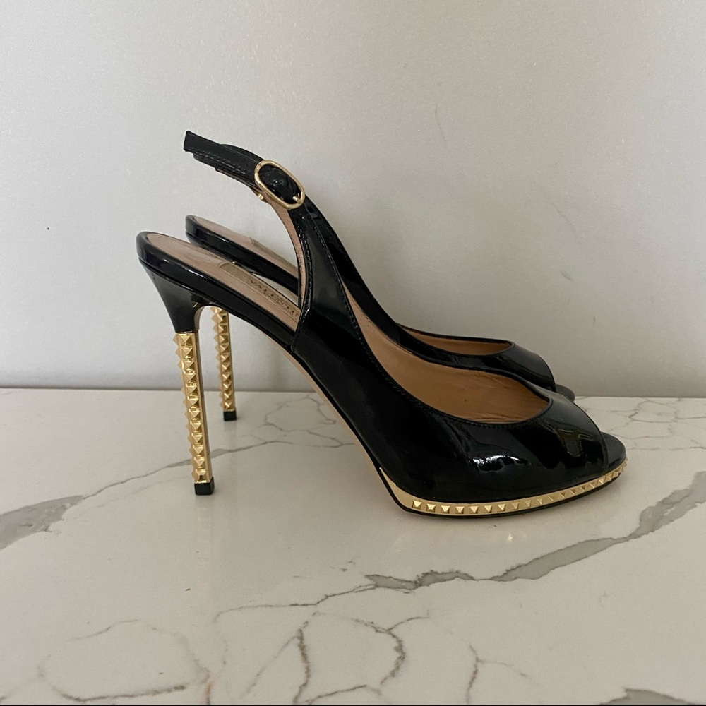 Valentino Black Peep Toe Gold Stud Heel Size 6